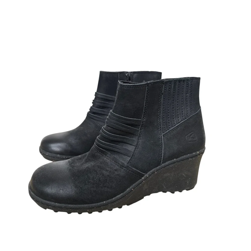Keen Black Leather Wedge Ankle Boots Womens 8.5 EU‎ 39 Side Zip Comfort